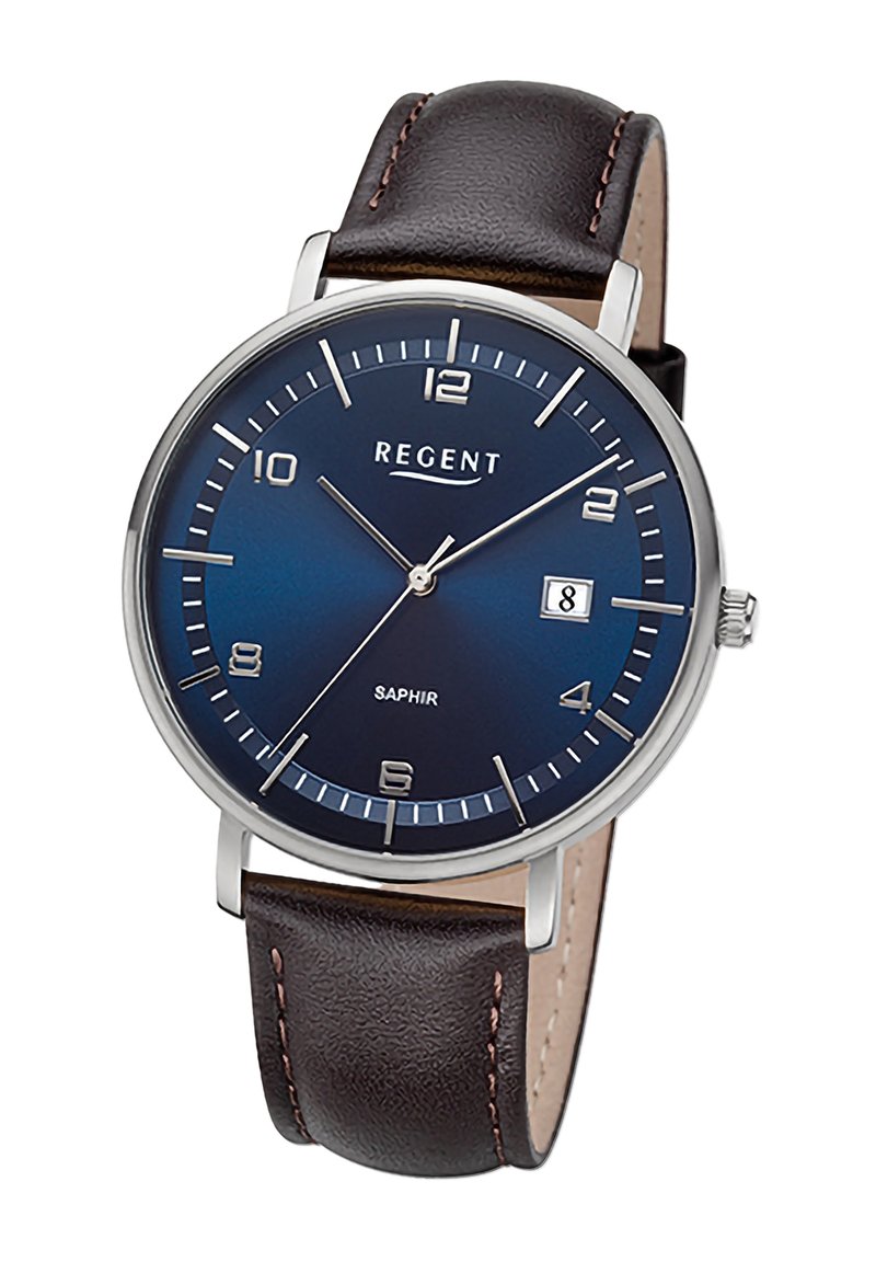 Montre argentée ronde avec un cadran bleu foncé, des index horaires blancs et un affichage de la date. Bracelet en cuir marron avec une finition texturée.