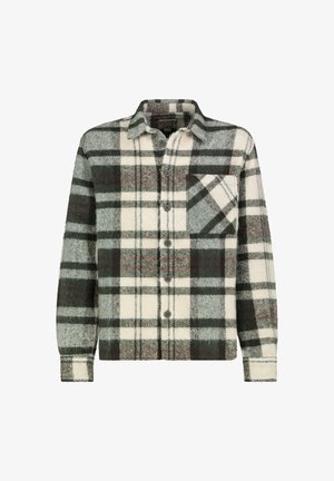 Grün-weiß-rotes kariertes Hemd mit Knöpfen, langen Ärmeln, Kragen und einer einzelnen Brusttasche vor weißem Hintergrund.