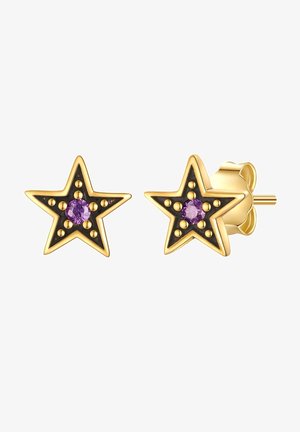 Goldene sternförmige Ohrringe mit lila Edelsteinen und schwarzen Akzenten, mit erhabenen Punkten für eine strukturierte Oberfläche. Sicherheitsverschluss-Design.