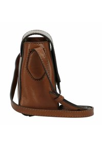 Braune Lederhandtasche mit glatter Oberfläche, dünnem Schultergurt und einer deutlich umrandeten Tasche an der Seite, die eine kontrastierende Nahtdetails aufweist.