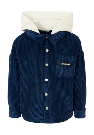 Giacca camicia in corduroy blu navy con cappuccio bianco, bottoni frontali, una tasca e etichetta "Palm Angels". Tessuto testurizzato con righe verticali.