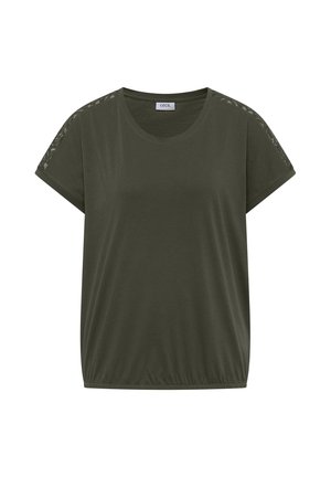 Mørkegrøn bluse med korte ærmer med manchetter og blonder langs skuldrene, med rund halsudskæring og elastisk kant.