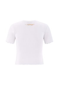 Witte geribde top met korte mouwen, voorzien van een cropped ontwerp en een onafgebroken zoom, met een subtiele geborduurde logo in gouden draad op de achterkant.