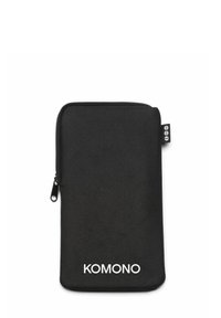 Pochette noire à fermeture éclair fabriquée en tissu texturé, avec le logo "KOMONO" en blanc sur le devant, tirant lisse et un design minimaliste.