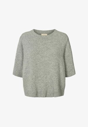 Grå kortærmet sweater lavet af blødt strikmateriale. Har en rund halsudskæring og ribbede kanter, med en afslappet, boxy pasform.