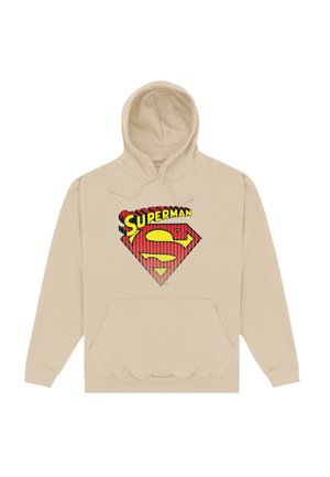 Felpa con cappuccio beige con tasca frontale, caratterizzata da una grafica del logo di Superman rosso e giallo sul petto. Il materiale sembra morbido e presenta un cappuccio con coulisse.