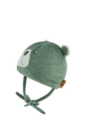 Green fleece hat featuring a bear face with embroidered details, round ears, and tie straps for secure fit. Textured, soft finish.