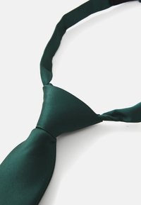 Cravata din satin verde închis, cu textură netedă, design aerodinamic și stil de legare de sine stătător, având un capăt ascuțit și un centru legat.