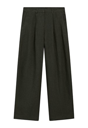 Pantalon gris foncé à jambes larges avec plis devant, poches latérales, passants de ceinture et fermeture avant dissimulée.