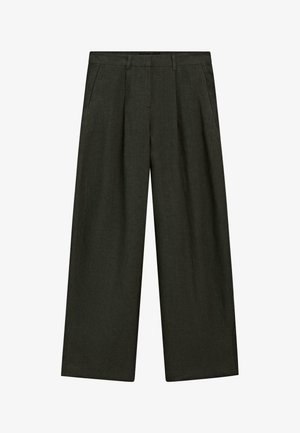 Pantalon gris foncé à jambes larges avec plis devant, poches latérales, passants de ceinture et fermeture avant dissimulée.