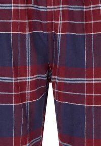 Close-up van een stof met een rood, marineblauw en wit ruitpatroon met verticale en horizontale lijnen die elkaar kruisen.