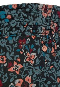 Floral-patterned fabric in shades of teal, pink, and white on a black background. Features gathered texture and a metal logo accent.
