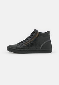 Black high-top sneakers with a textured reptile pattern, shiny accents, gold zipper detail, and a rubber sole.