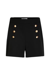 Shorts noirs en tissu à la texture lisse, avec des boutons dorés sur le côté pour le détail. Coupe ajustée avec une taille haute.