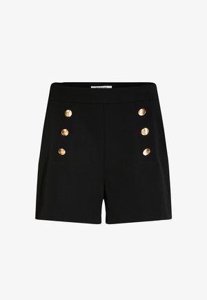Black shorts made of fabric with a smooth texture, featuring gold buttons on the side for detail. Tailored fit with a high waist.