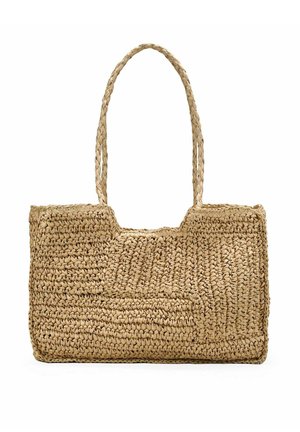 Bolso tote rectangular tejido de paja con dos asas trenzadas y una pequeña muesca en el centro del borde superior.