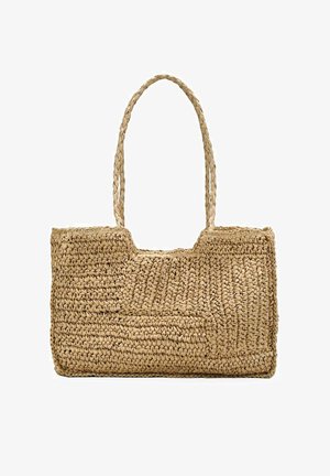 Bolso tote rectangular tejido de paja con dos asas trenzadas y una pequeña muesca en el centro del borde superior.