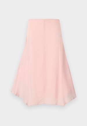 Jupe midi trapèze rose pâle en tissu lisse avec légère évasement à l'ourlet, présentée sur un fond clair uni.