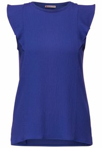 Modrá bezrukávová halenka s mírně volánkovými ramínky, vyrobená z texturované látky, s kulatým výstřihem a uvolněným střihem.