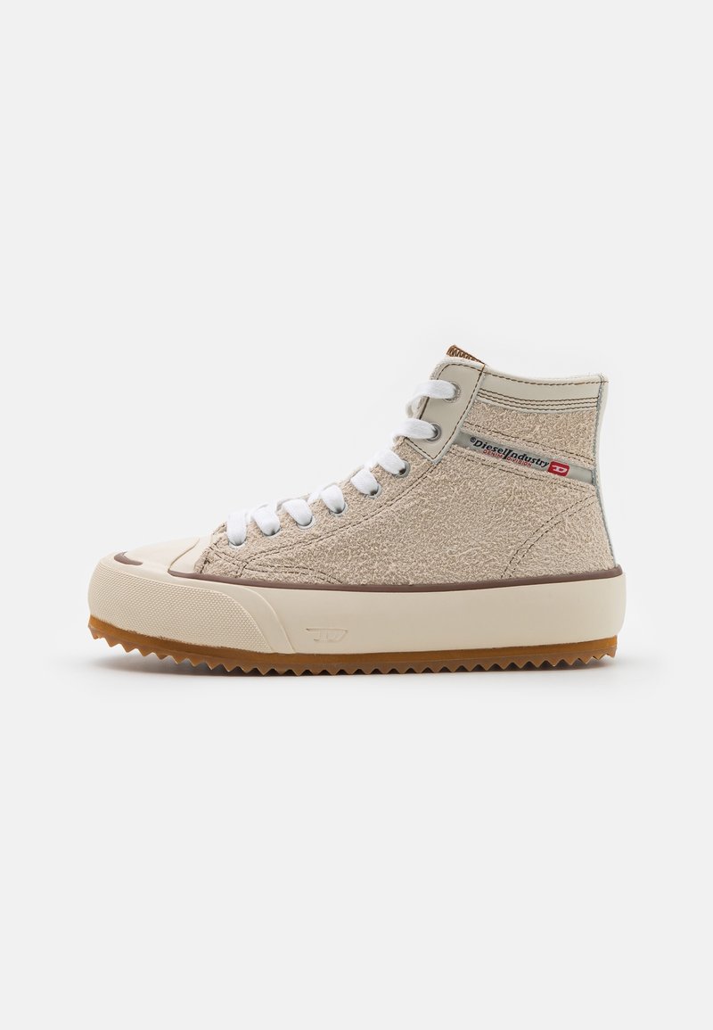 High-top sneakers in beige textured fabric with a white rubber sole, brown rubber outsole, and white laces. Features a logo tag on the side.