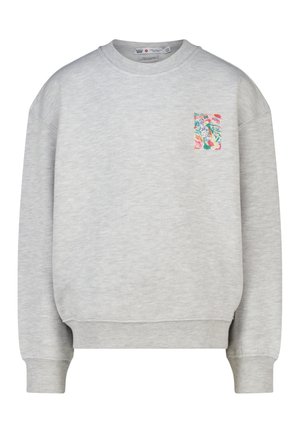 Hellgraues Sweatshirt mit Rundhalsausschnitt, gerippten Bündchen und Saum, mit einem kleinen bunten abstrakten Aufnäher auf der linken Brust.