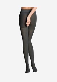 Collant opachi neri con un motivo testurizzato, dotati di una vita liscia e una punta trasparente. Il materiale sembra elastico e aderente.