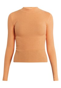 Maglia a maniche lunghe a costine di un morbido colore arancione. Presenta un collo alto e una silhouette aderente, realizzata in un materiale a maglia elasticizzata.