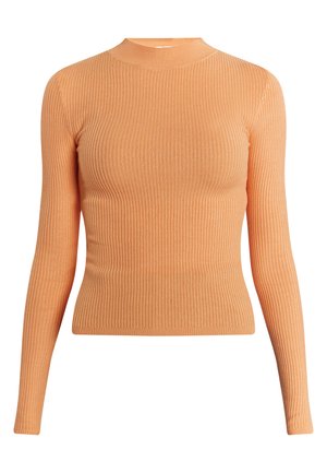 Ráncos, hosszú ujjú felső puha narancssárga színben. Magas nyakú és testhez simuló sziluett jellemzi, rugalmas kötött anyagból készült.