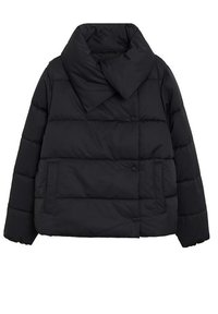 Veste matelassée noire avec fermeture asymétrique à boutons, col montant et deux poches avant.