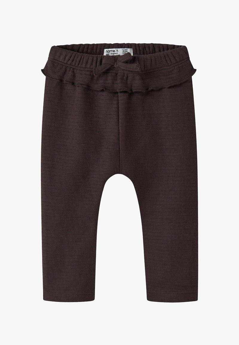 Leggings bébé marron foncé texturés avec taille élastique et petit nœud devant.