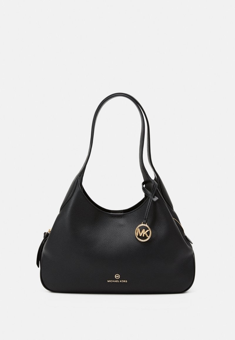 Sac à bandoulière en cuir noir Michael Kors avec un pendentif logo doré et un petit nom de marque doré à l'avant, avec double bandoulières.