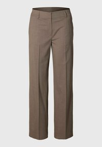 Pantalon marron sur mesure en tissu lisse. Comprend une coupe droite avec plis avant et une ceinture discrète.