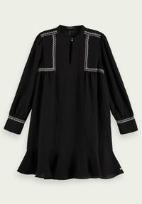 Černé šaty s dlouhým rukávem, kulatým výstřihem, výřezem ve tvaru klíče, vyšívanými akcenty na ramenech a volánkovým lemem. Texturovaná tkanina.