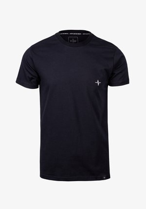 Zwarte katoenen t-shirt met korte mouwen, ronde hals, met een kleine witte hartslaggrafiek op de linkerkant van de borst.