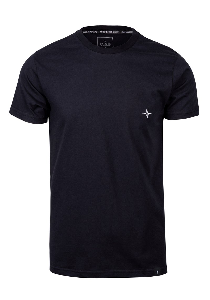 Schwarzes Baumwoll-T-Shirt mit kurzen Ärmeln und rundem Ausschnitt, das ein kleines weißes Herzschlag-Graphic auf der linken Brust zeigt.