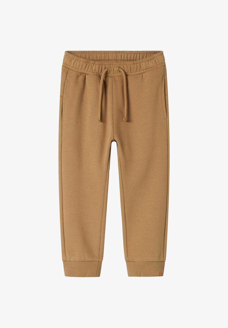 Brown sweatpants made of soft fabric, featuring an elastic waistband with a drawstring, side pockets, and ribbed cuffs.