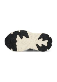 Sportschoen zool met zwarte rubberen profielpatronen en een crèmekleurige middenzool. Beschikt over een gestructureerd oppervlak voor grip en tractie.