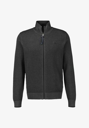 Mørkegrå fuld-zip strikket sweater med høj krave, ribbede mansjetter og kant samt et lille broderet logo på brystet.