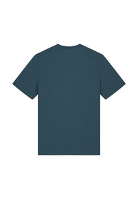 T-shirt en coton, à manches courtes, couleur bleu sarcelle foncé unie, col rond, texture lisse, sans logos ni motifs visibles, vue de dos affichée.