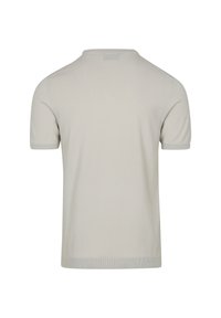 Lichtgrijze korte mouwen t-shirt van zachte stof, met een ronde halslijn en ribgebreide manchetten, met een gladde, uniforme textuur.