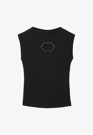 Top senza maniche nero in cotone con scollo tondo. Presenta un design a labbra di strass sul retro. Texture liscia.