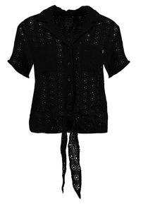 Camicia nera a maniche corte con colletto, design a intaglio, chiusura con bottoni e dettaglio orlo annodato. Tessuto morbido con un aspetto texturizzato.