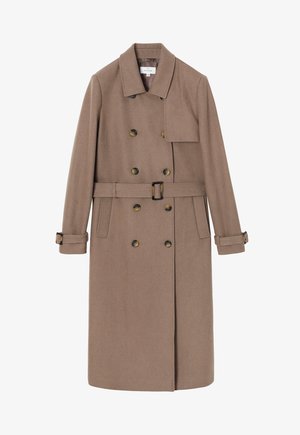 Brauner Woll-Trenchcoat mit doppelt geknöpftem Design, großen Knöpfen, einem taillierten Gürtel und einer Brusttasche. Mit aufgeschlagenen Ärmeln und einem Reverskragen.