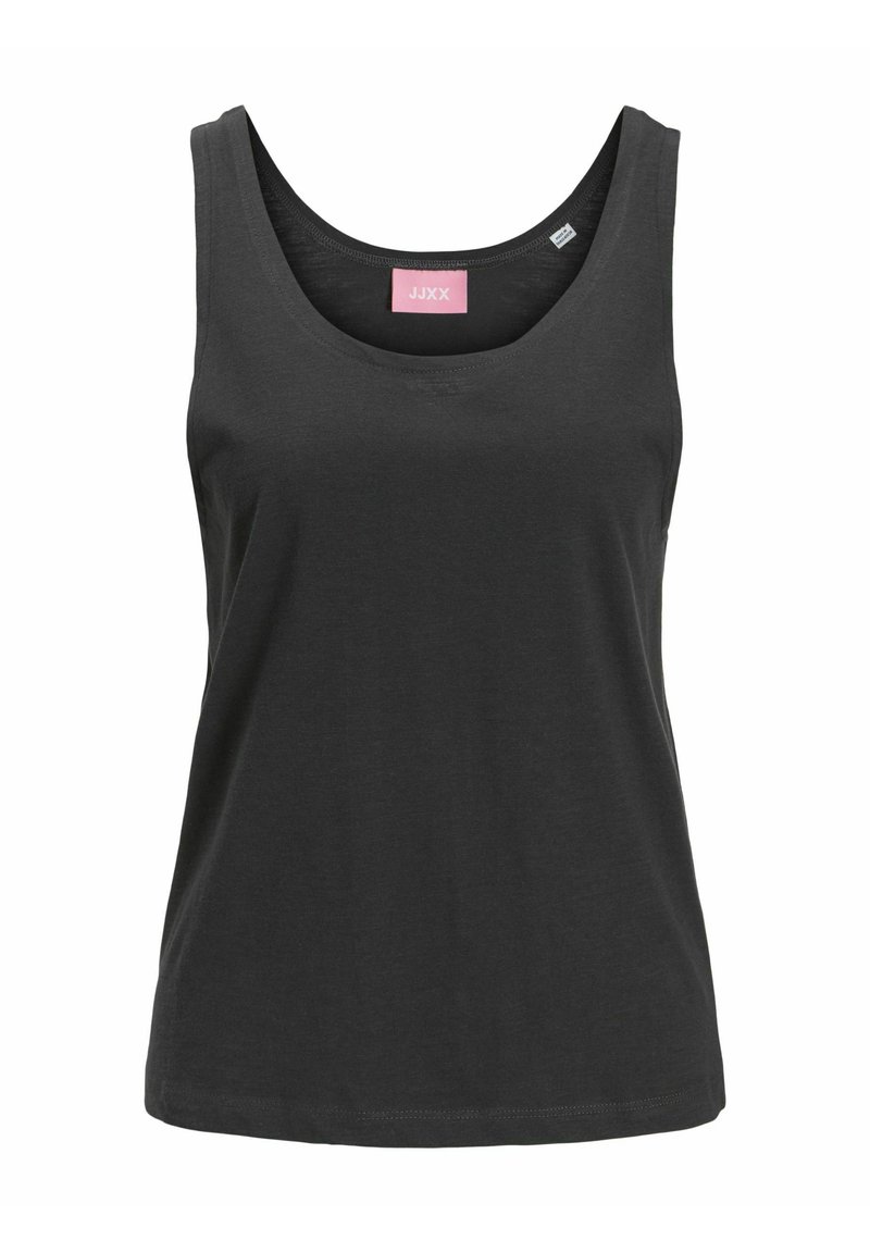 Camiseta sin mangas negra de tela suave con escote redondeado y dobladillo recto. Presenta una etiqueta de marca rosa en el escote interior.