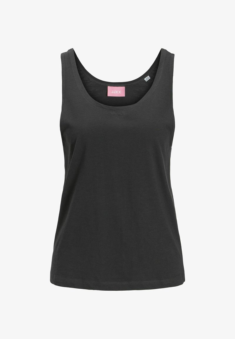 Camiseta sin mangas negra de tela suave con escote redondeado y dobladillo recto. Presenta una etiqueta de marca rosa en el escote interior.