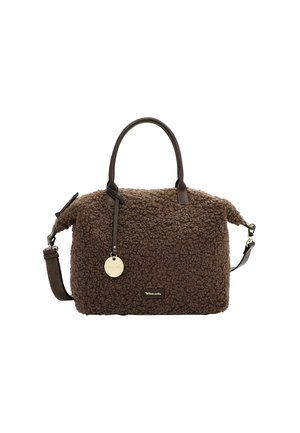 Sac à main en fausse fourrure bouclée marron, avec de courtes anses en cuir et une bandoulière amovible. Étiquette en métal et logo sur le devant.