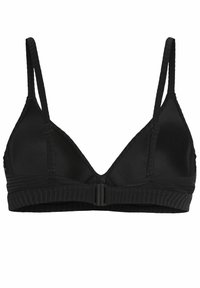 Bralette triangolare nera con spalline sottili regolabili, fascia testurizzata sotto e chiusura con gancio sul retro. Finitura in tessuto liscia.