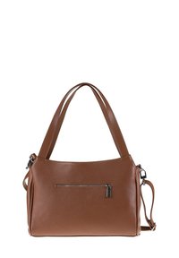 Bruine leren handtas met een gestructureerde afwerking, voorzien van dubbele schouderbanden, een ritsvak aan de voorkant en een afneembare crossbodyriem.