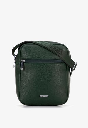 Borsa a tracolla in pelle verde con texture, dotata di tasca anteriore con zip e tracolla regolabile, con tag del logo nella parte anteriore inferiore.