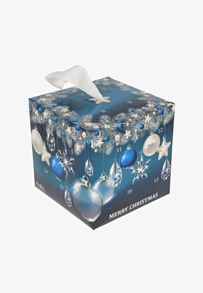 Blå och silver dekorerad presentask med ett bandhandtag, med ett mönster av julprydnader, snöflingor och numrerade flikar.